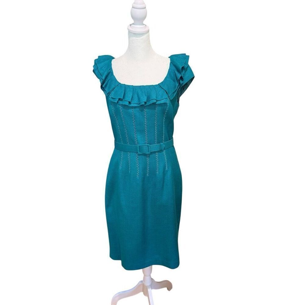 Kay Unger New York blue turquoise tweed dress with belt size 6